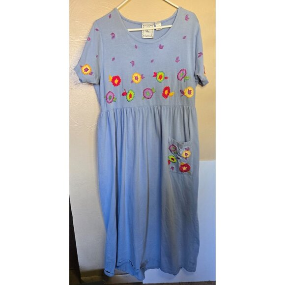 Michael Simon Vintage Embroidered Floral Design Boat Neck Short Sleeve Cotton Lg - Picture 1 of 6